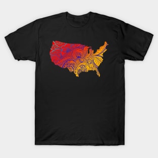 Colorful mandala art map of the United States of America in orange and red with blue T-Shirt